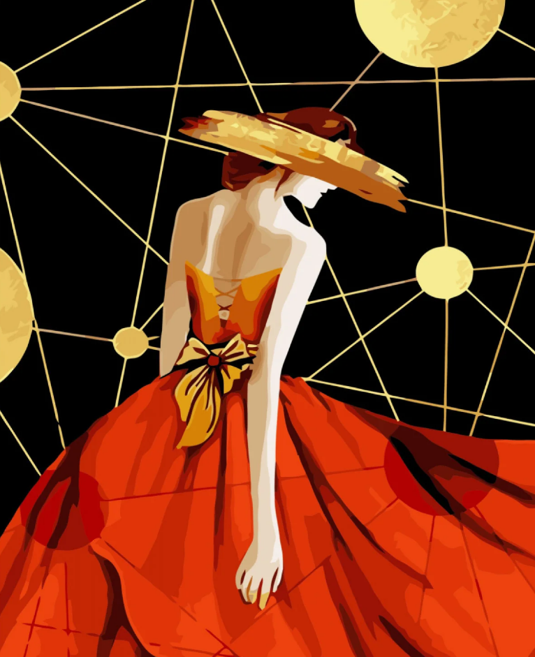 Картина по номерам Strateg Премиум Дама в красном с лаком и уровнем 40x50 см (VA-3407)