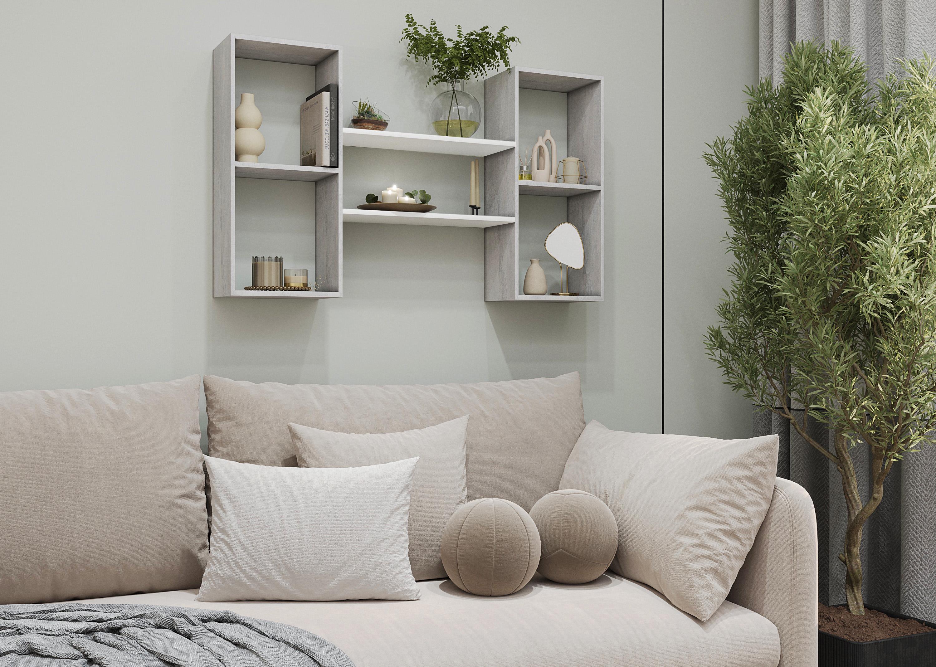 Полочка на стену для книг и документов с большими отделами 100х60х18 см Бетон/Белый (T-11)