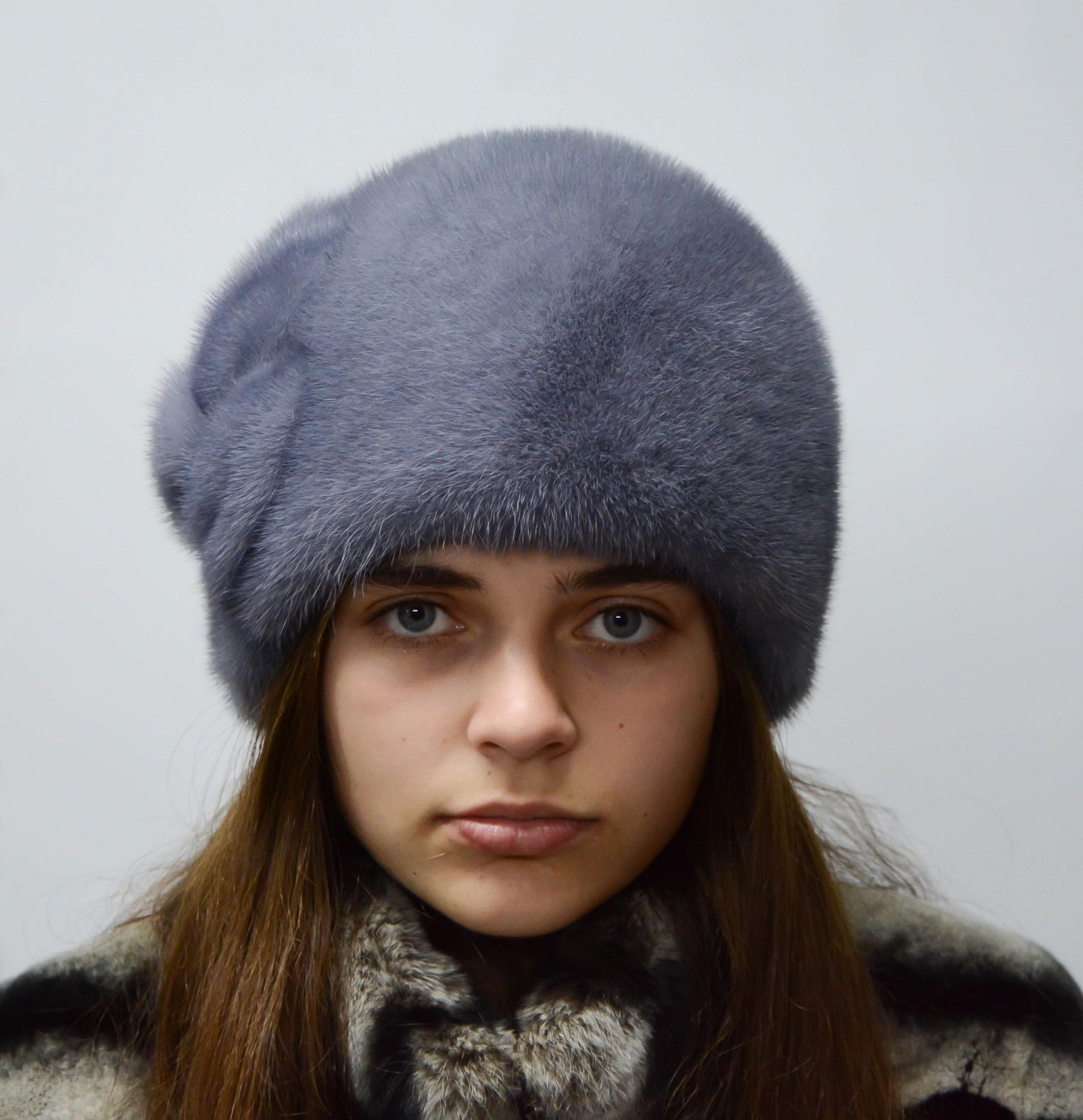 Женская кубанка Меховой стиль Шарик с листочками из натурального меха норки Джинс (046/А)