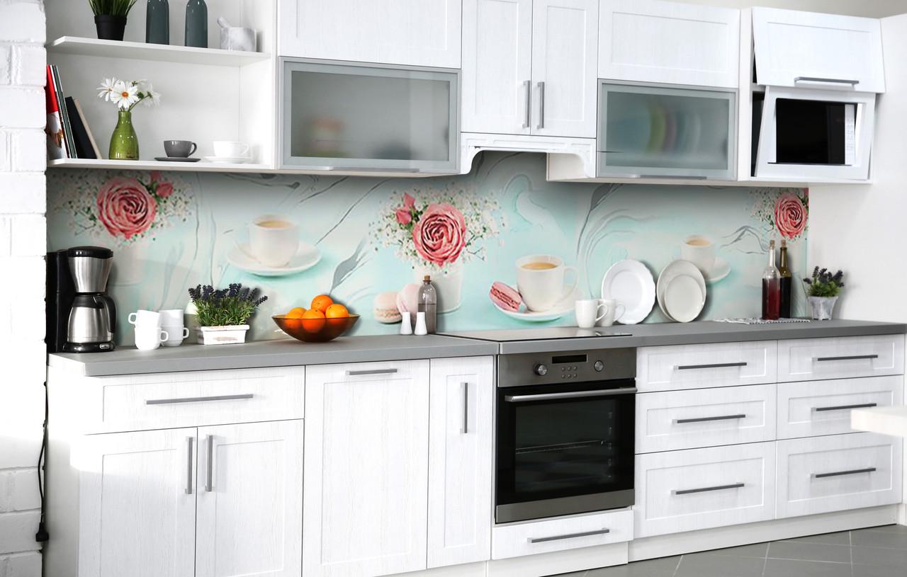 Кухонный фартук Розы и Кофе чашки виниловый самоклеющийся 65х250 см Голубой