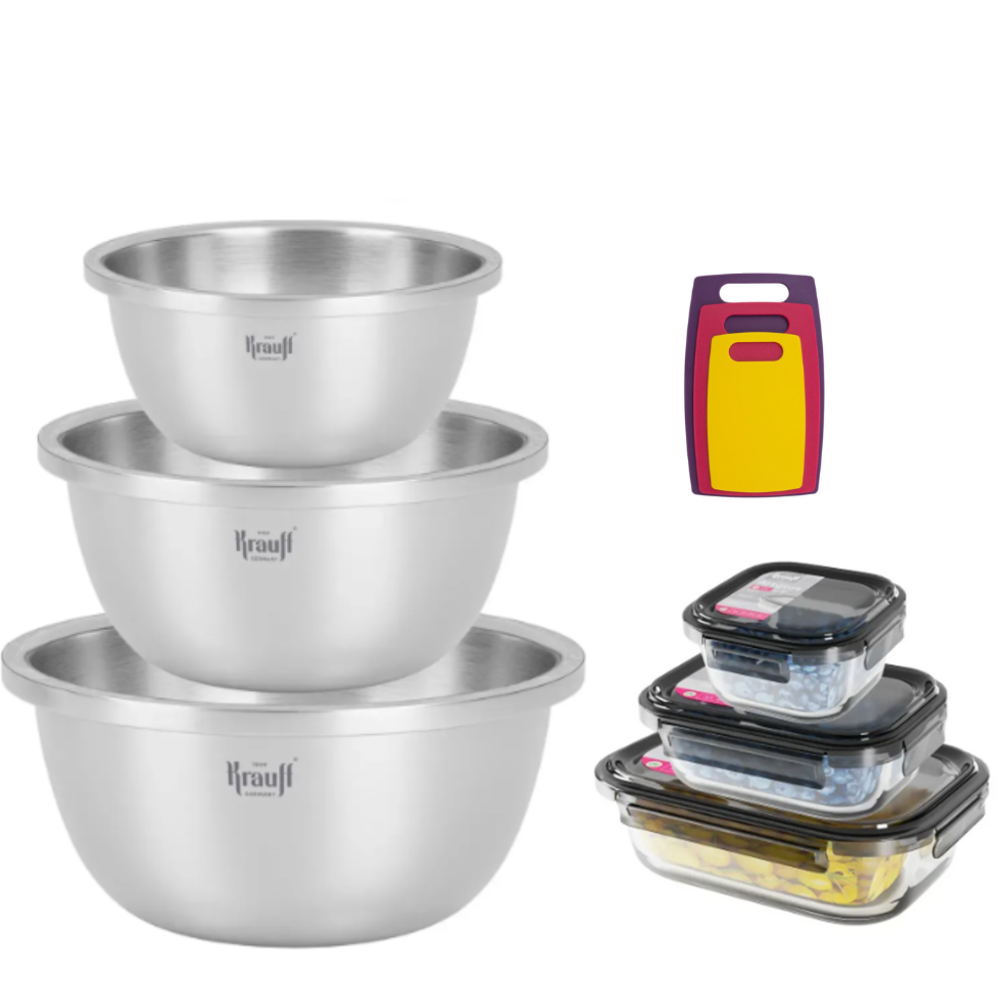 Набор мисок из нержавеющей стали Krauff со стеклянными контейнерами/измельчителем и кухонными досками (28481)