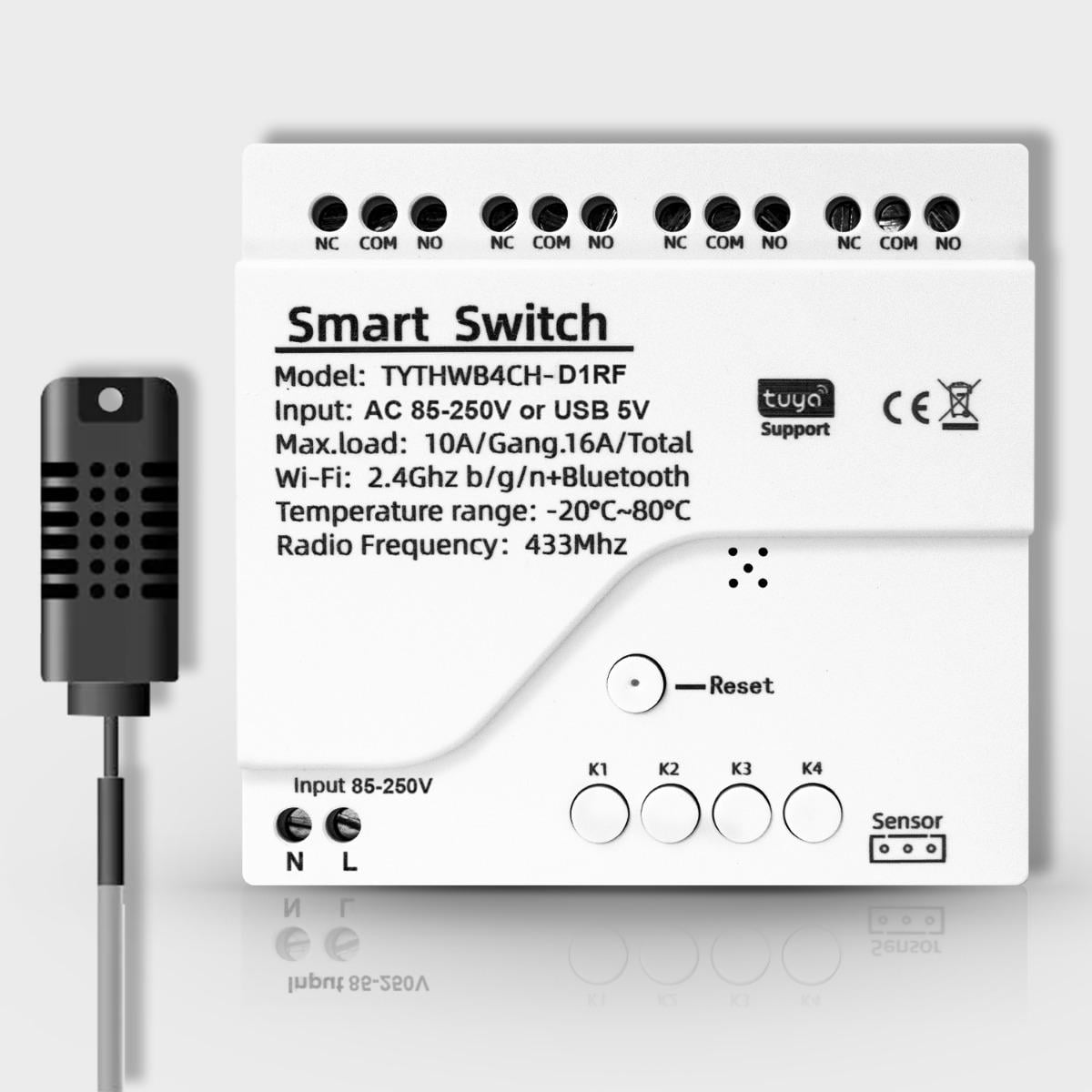 Реле Wi-Fi четырехканальное с сухим контактом и датчиком температуры и влажности Tuya АС 85-250V (WH00833)