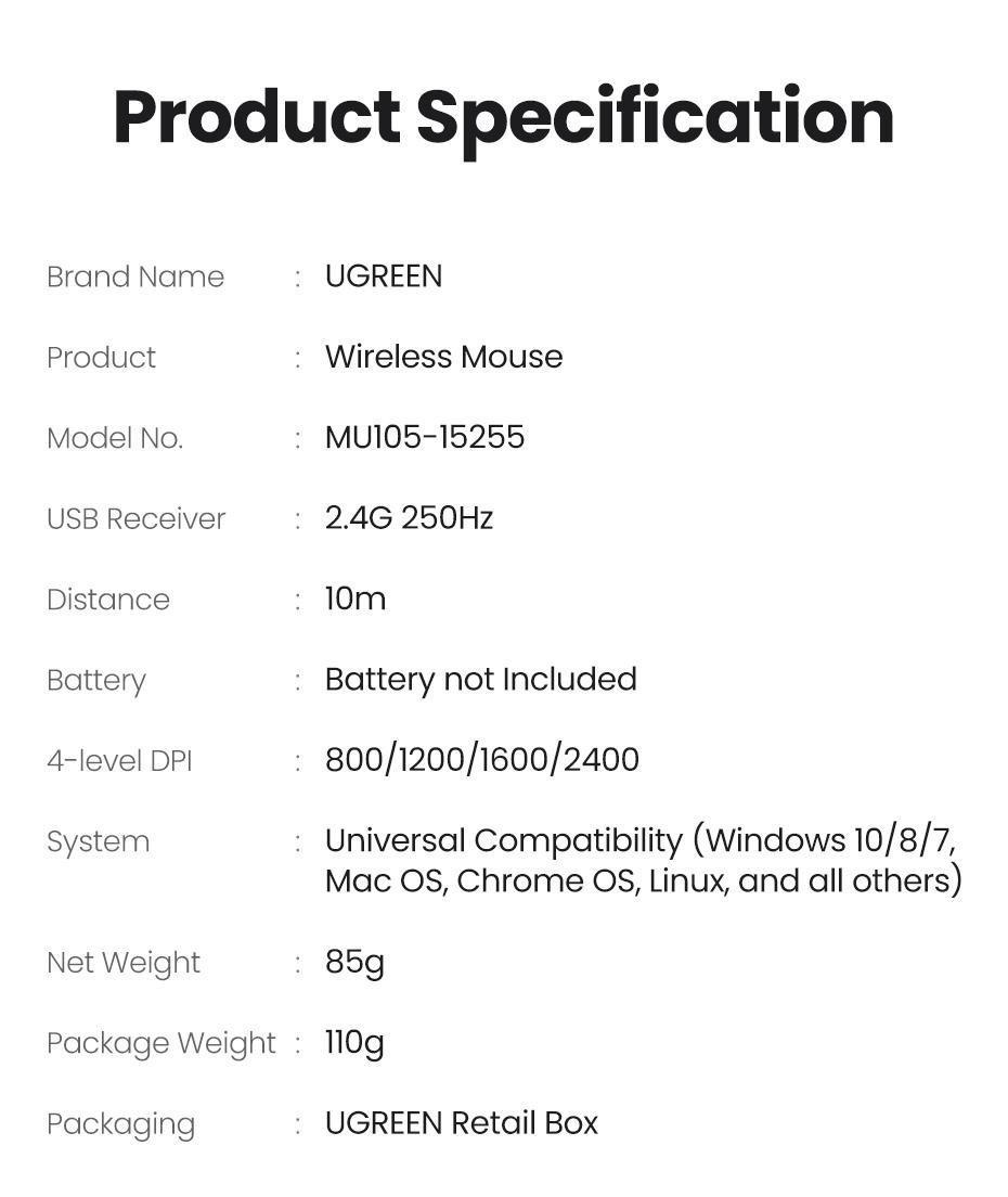 Мышь беспроводная Ugreen 2.4 ГГц DPI 2400 Серый (90669) - фото 10