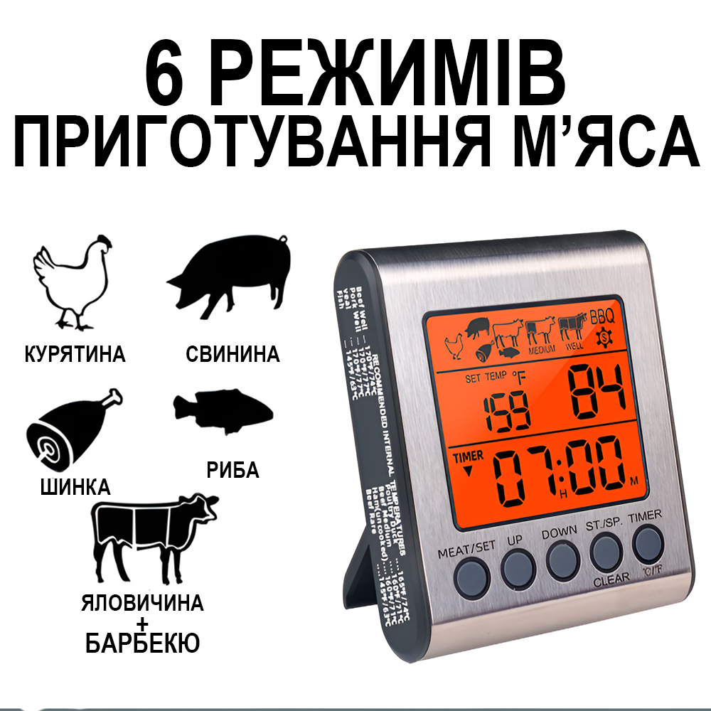 Термометр-таймер кухонный UChef YZ6031 с 2-мя выносными щупами сигнализатором магнитом и программами жарки мяса (1289) - фото 4 Термометр-таймер кухонный UChef YZ6031 с 2-мя выносными щупами сигнализатором магнитом и программами жарки мяса (1289) - фото 4