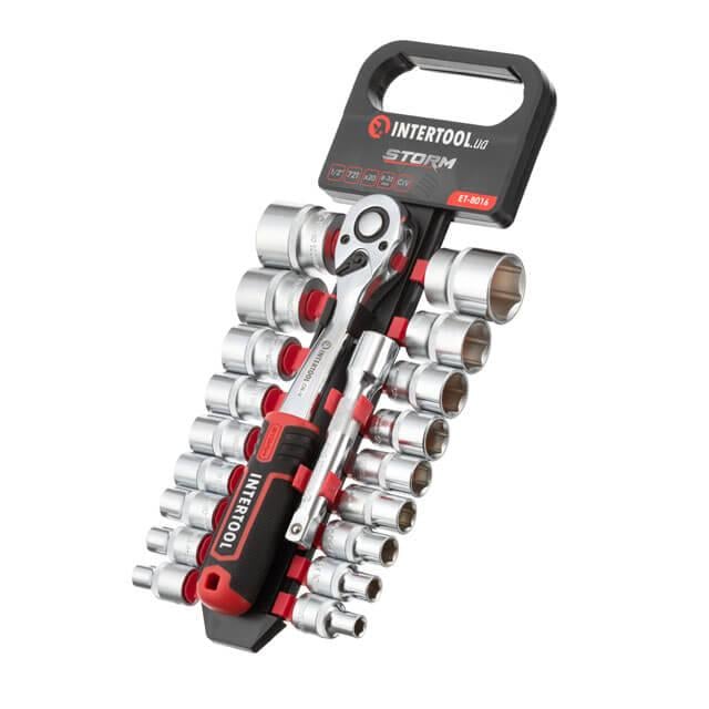 Набір головок Intertool Cr-V STORM 1/2" 8-32 мм подовжувач рукоятка з храповим механізмом 72 зубця 20 од. (ET-8016)