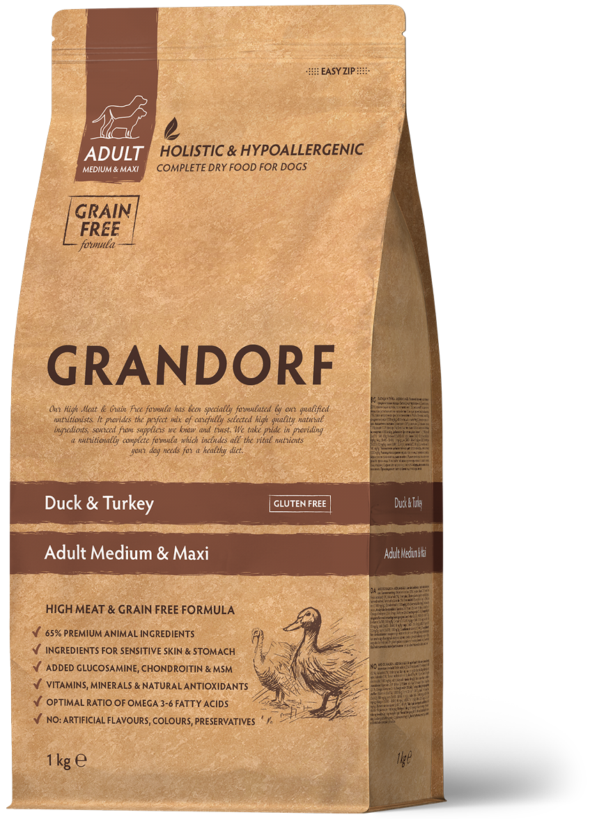 Корм для взрослых собак средних и крупных пород Grandorf DUCK & TURKEY беззерновой с уткой и индейкой 1 кг (94601)