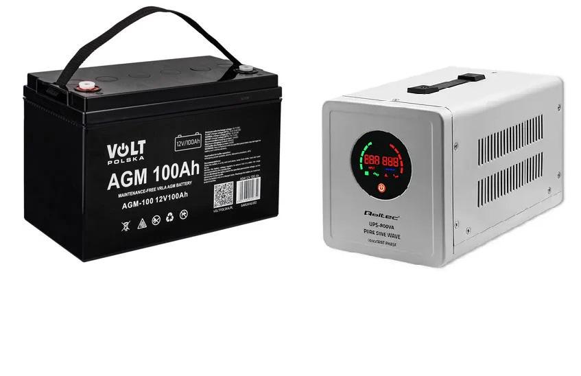 Набір акумулятор Volt Polska AGM VRLA 6AKUXAG100 12V 100 Ah та ДБЖ Qoltec Pure Sine Wave постійна фаза 800VA/560W (50718)