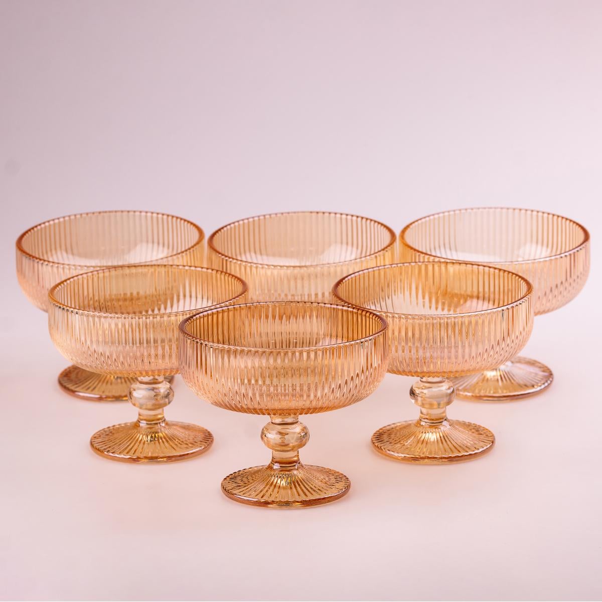 Креманки фігурні ребристі із товстого скла 6 шт. Бурштиновий (HP7117A)