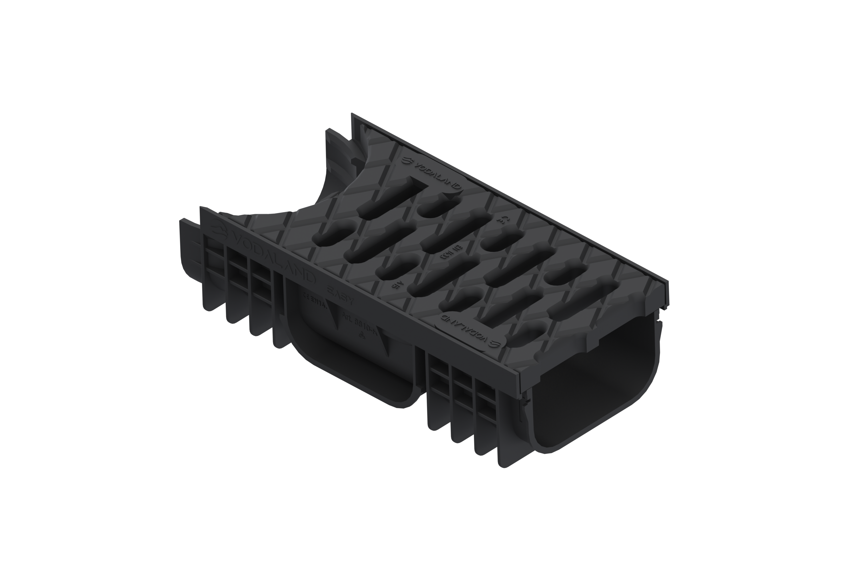 Лоток водовідвідний поворотний вихідний пластиковий Vodaland Easy 2 DN100 H75 з решіткою поворотною вихідною пластиковою А15 чорного кольору 08818-R3