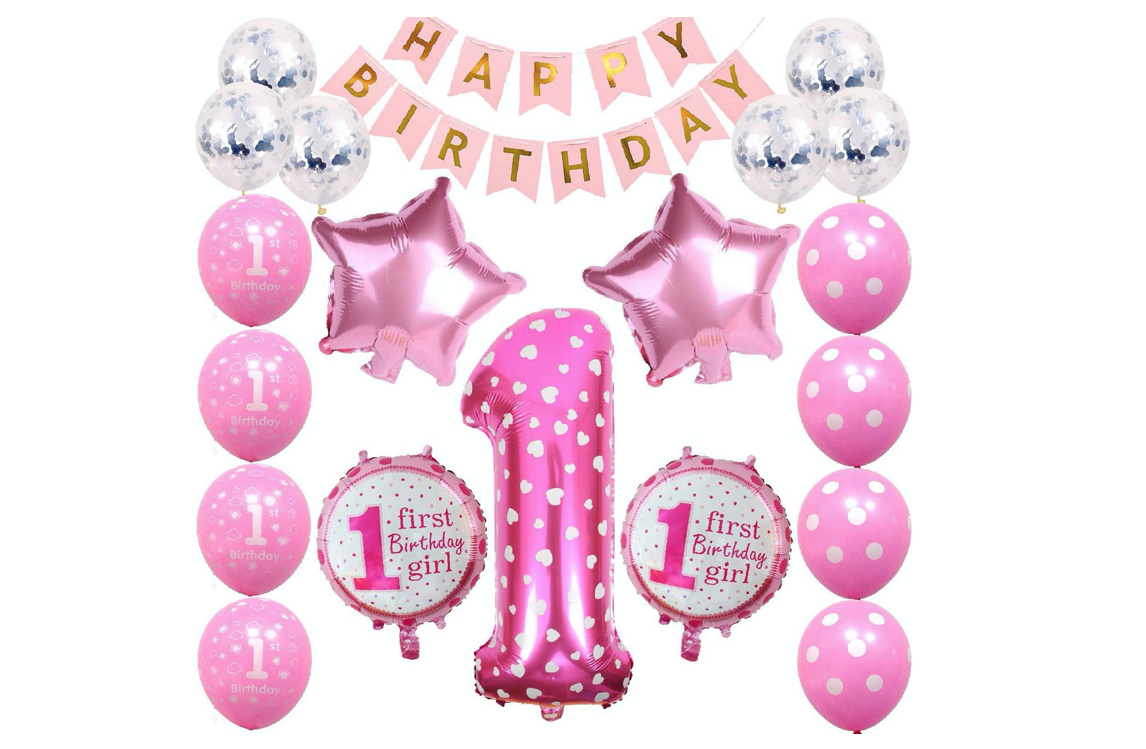 Набір прикрас на 1-й День Народження повітряні кулі/цифра/напис Happy Birthday для дівчинки (45k7643e)