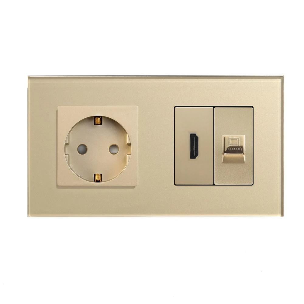 Розетка настенная LUXION с HDMI/интернет портом RJ-45 дизайнерская стеклянная рамка Золотой (LX-M2FHDMICAT6-GD)
