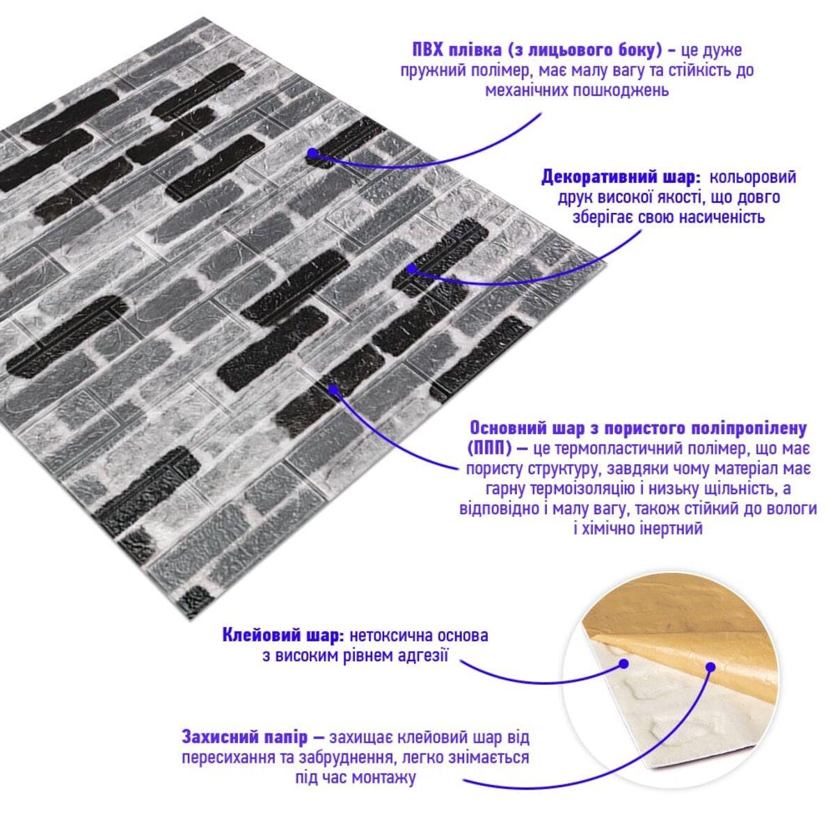 3D панель самоклеюча Цегла катеринослав 700х770х3 мм Сірий (SW-00001147) - фото 2