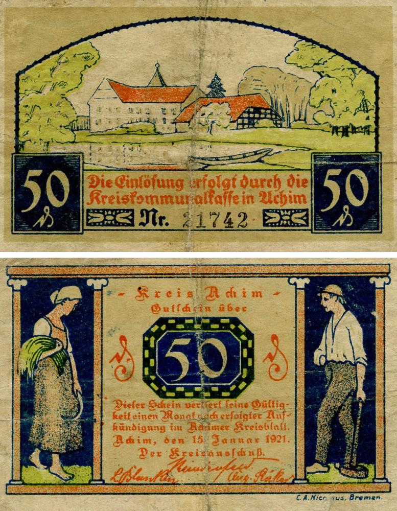 Коллекционная банкнота Германия Нотгельд 50 пфеннигов 1921 F-VF Ахим (Б18725)