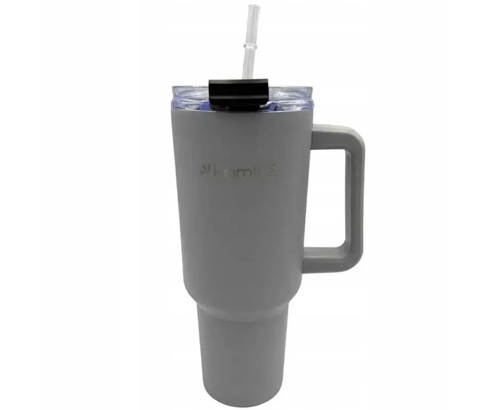 Термокружка с ручкой и трубочкой Kamille KM-2173 из нержавеющей стали 1200 мл Серый (150-84-2173)