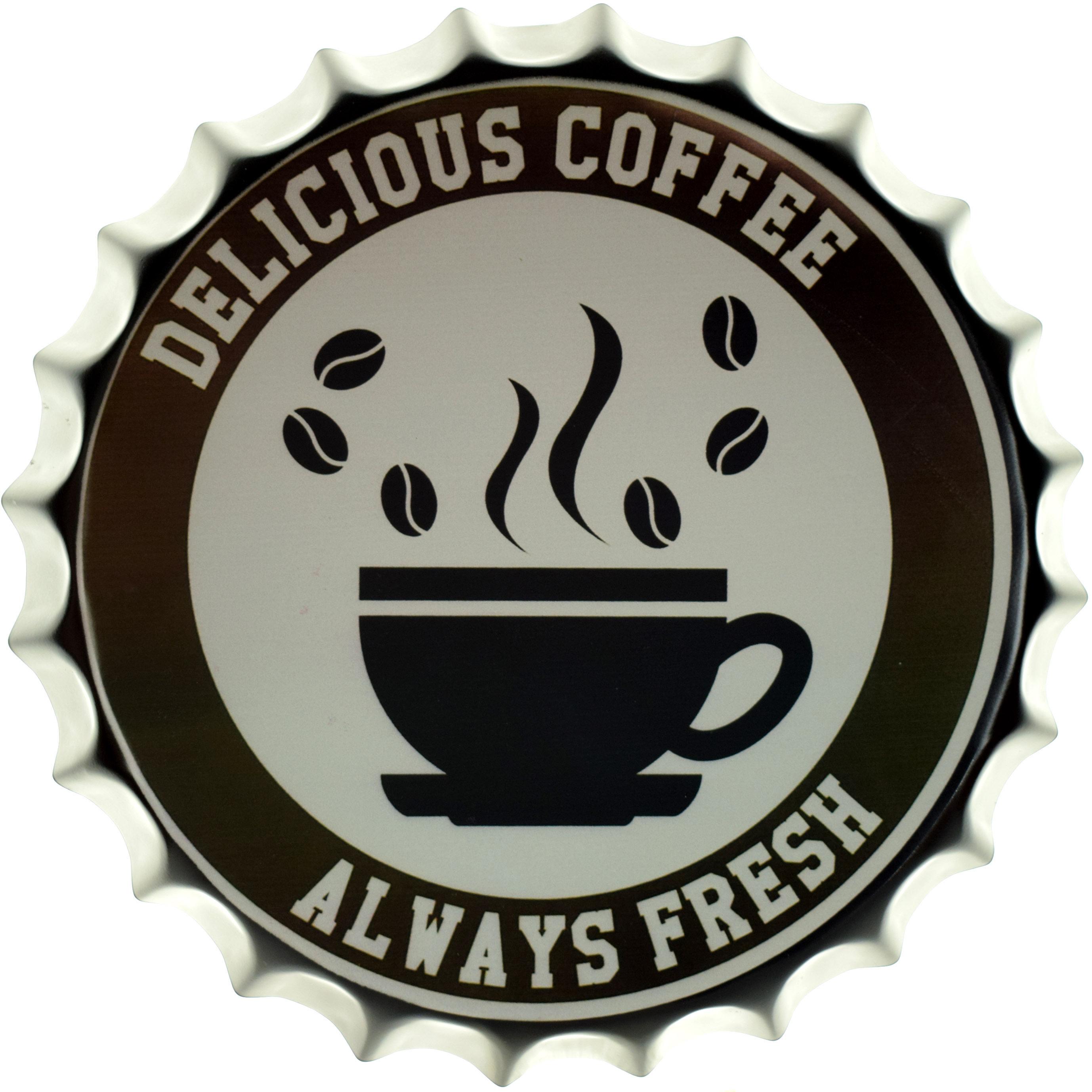 Табличка металлическая Вкусный Кофе Всегда Свежий/Delicious Coffee Always Fresh крышка 35 см