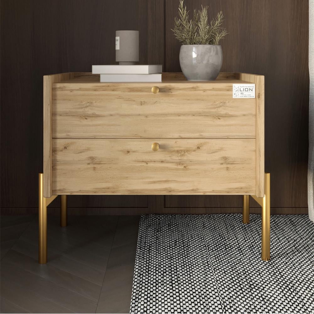 Тумба прикроватная Lion Wood с двумя ящиками золотые ножки Дуб Аппалачи (Lion-041345)