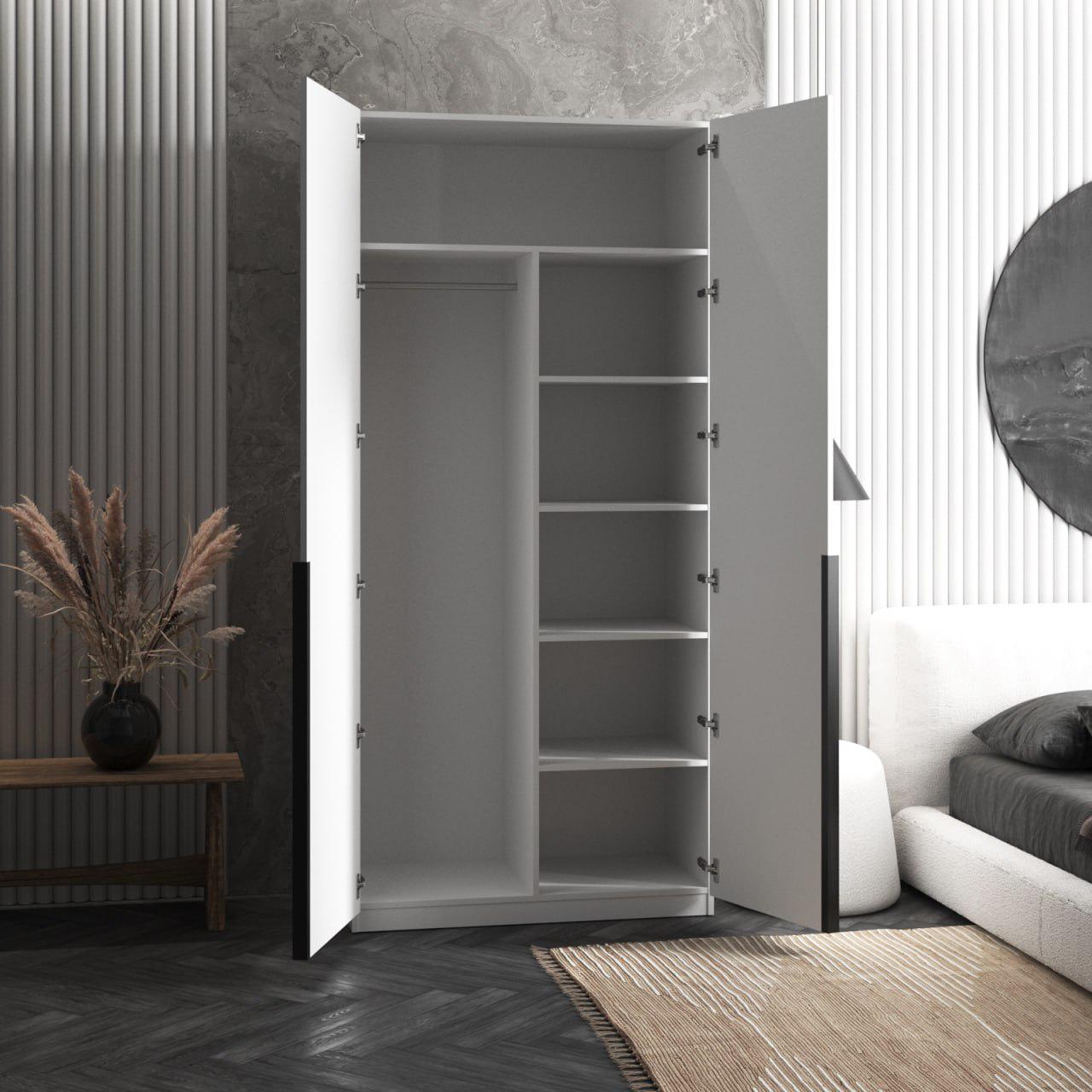 Шкаф для одежды на 2 двери M-27 со штангой и полками с черными ручками Белый - фото 3 Шкаф для одежды на 2 двери M-27 со штангой и полками с черными ручками Белый - фото 3