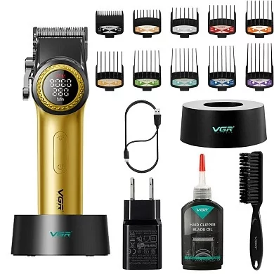 Машинка для стрижки волос мужская VGR V-001 GGB 10 насадок 4600 mAh LED дисплей Золотистый