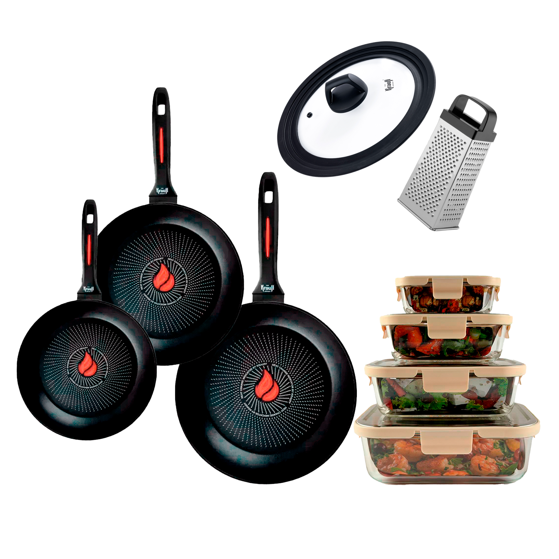 Набор сковородок Krauff Smart Fry с универсальной крышкой/стеклянными контейнерами та кухонными принадлежностями (55-333-661)