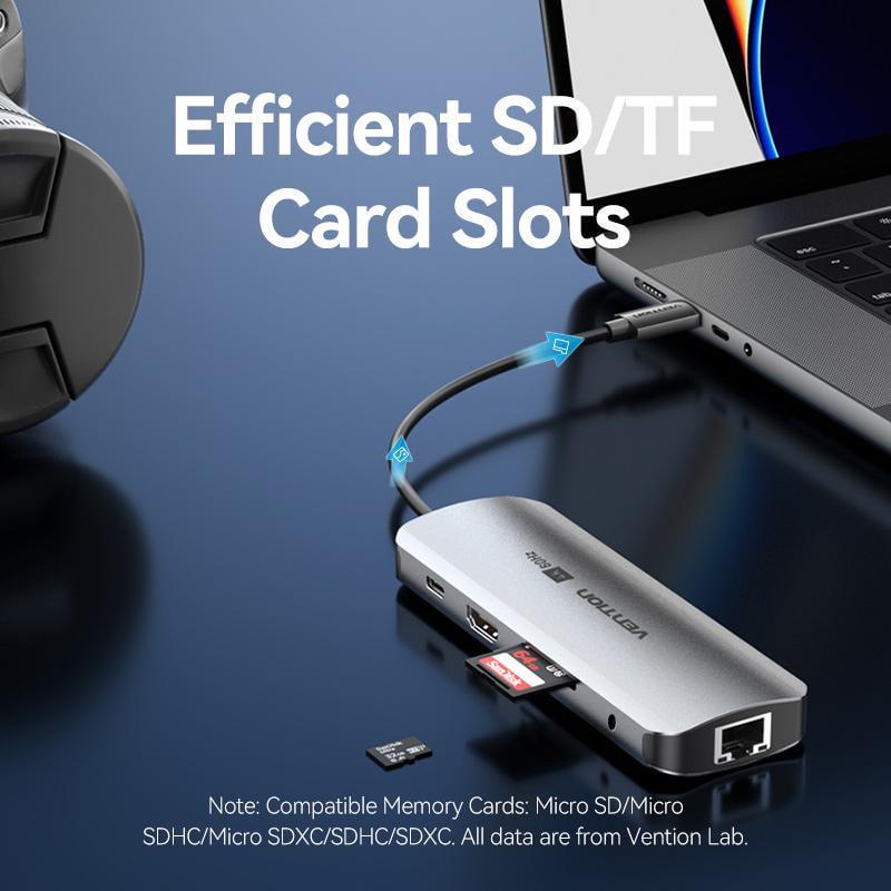 USB-хаб Vention Type-C-3x USB 3.0/5 Гбит/с HDMI 4K 60Hz/Type-C PD 100W/SD/TF карты RJ45 1 Гбит/с 3,5 мм minijack USB-C Серый (TQLHB) - фото 10