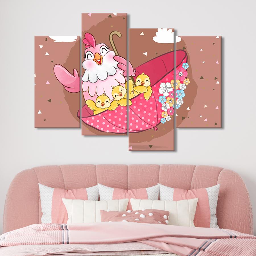 Картина в детскую комнату Мама курица с детками и розовым зонтиком 149x106 см (A1380-4)