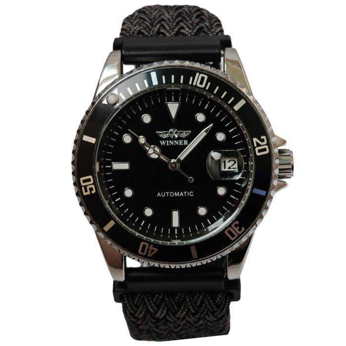 Часы мужские Winner Basel Nylon 2 ремешки со стальным корпусом 40х14 мм Серебро с черным (150-96-2152)
