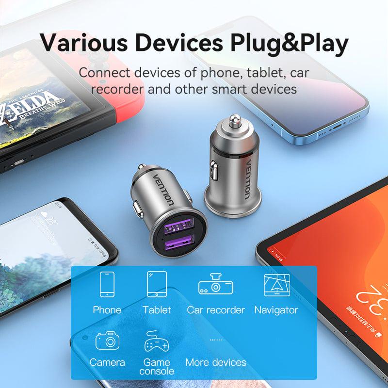 Зарядное устройство автомобильное Vention Two-Port USB A+A 30/30 Car Charger Gray Mini Style Aluminium Alloy Type (FFEH0) (FFEH0) - фото 5