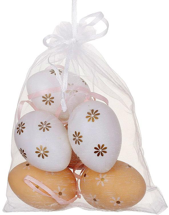Декор пасхальний Яйця в мішечку 6 яєць-підвісок 4х6 см у сітці, Білий з бежевим