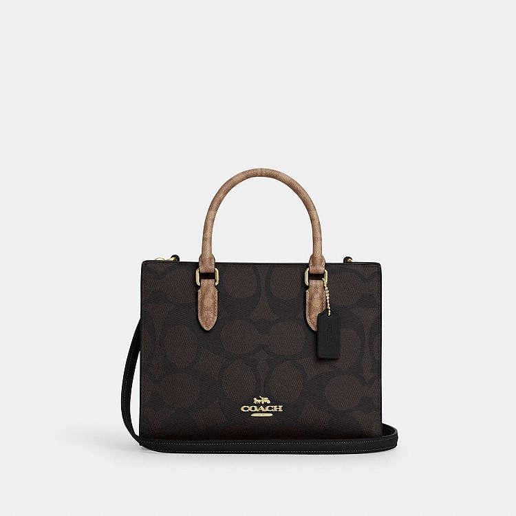 Сумка жіноча Coach Maggie Small Tote Bag In Blocked Signature Canvas Коричневий (37222417)