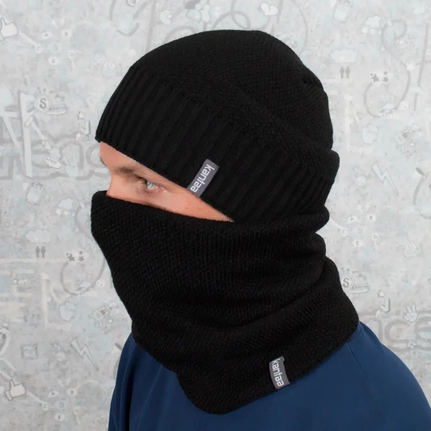 Комплект зимовий чоловічий шапка з відворотом/снуд-баф на флісі Чорний (2549773930)