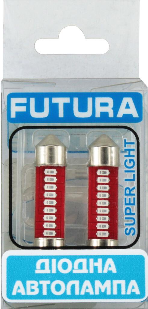 Лампочка FUTURA 2-х цокольная LED T11 C8W SMD 6 диодов 24 V-0,7 Вт SV8.5-8 41 мм 2 шт. Красный
