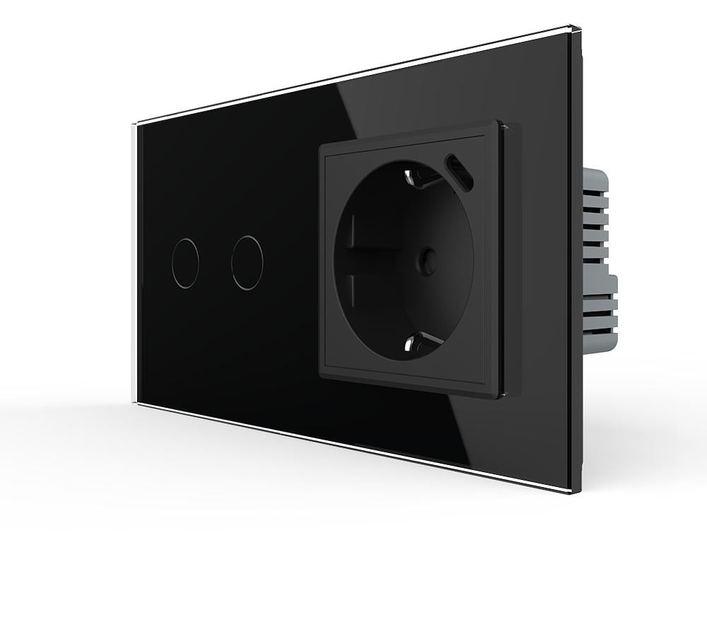 Выключатель умный Livolo сенсорный/двойной/проходной с розеткой USB Type-C 18Вт Черный