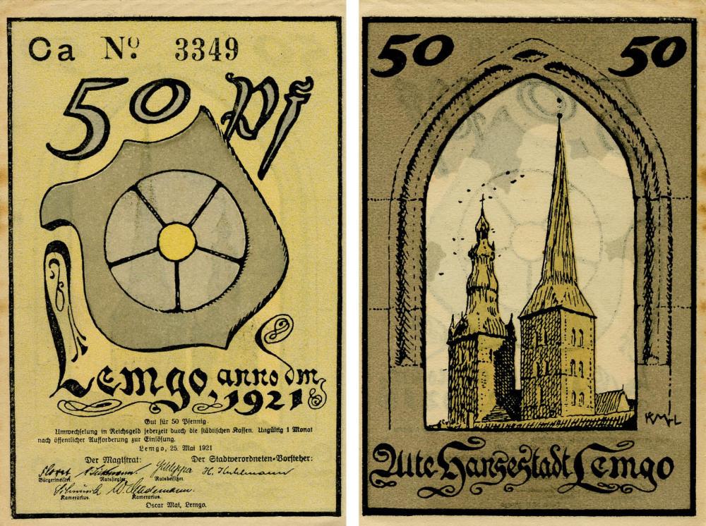 Коллекционная банкнота Германия Нотгельд 50 пфеннигов 1921 F-VF Лемго Разновидность 1 (Б18707)