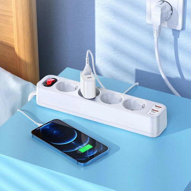 Подовжувач мережевий Hoco NS1 2USB/1Type-C 4000W 20W/3A Power Delivery/Quick Charge 1,8 м Білий - фото 8 Подовжувач мережевий Hoco NS1 2USB/1Type-C 4000W 20W/3A Power Delivery/Quick Charge 1,8 м Білий - фото 8