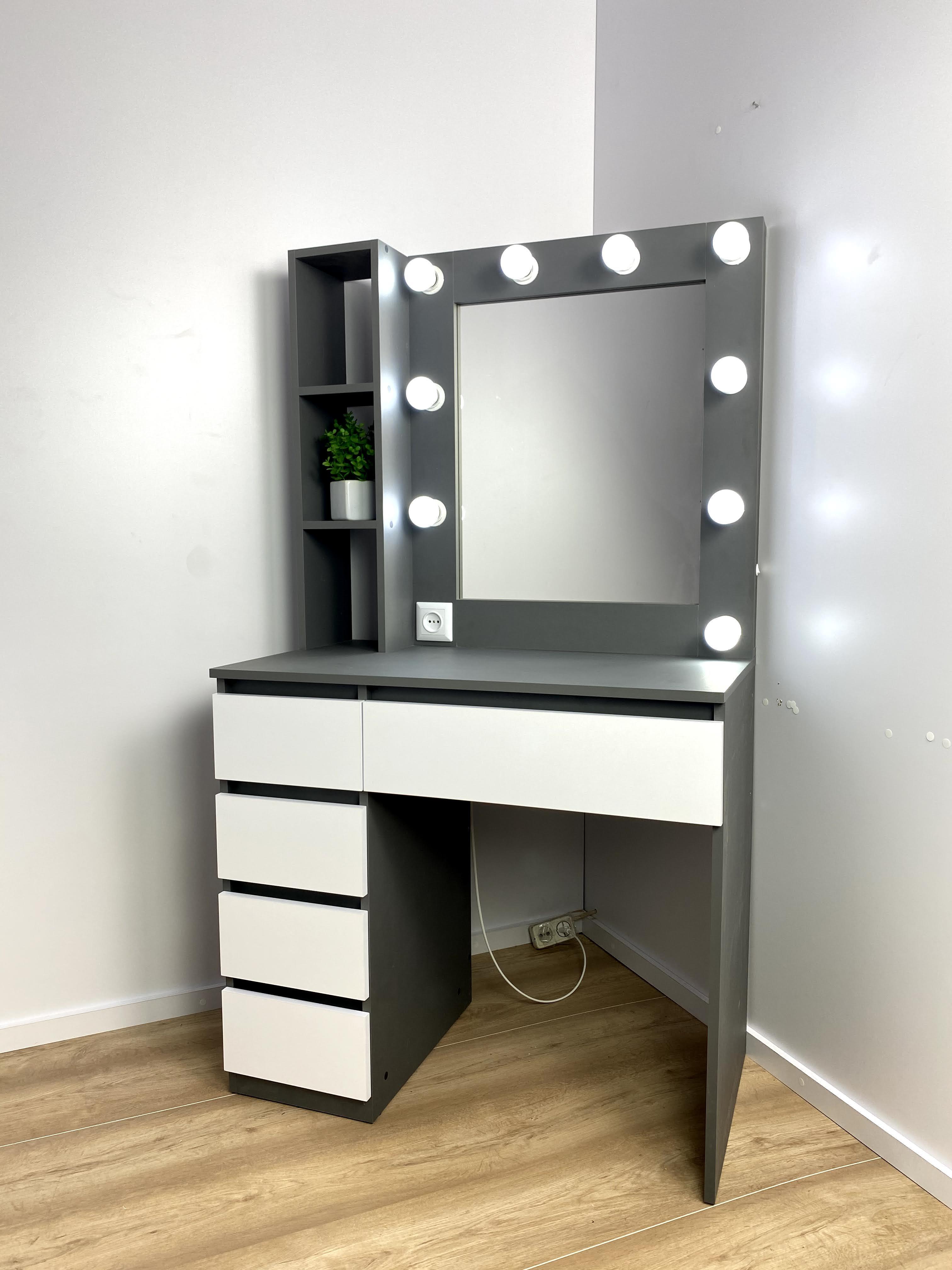 Туалетный столик с подсветкой/полками около зеркала и 5 ящиков 1600х900х500 мм Белый/Графит