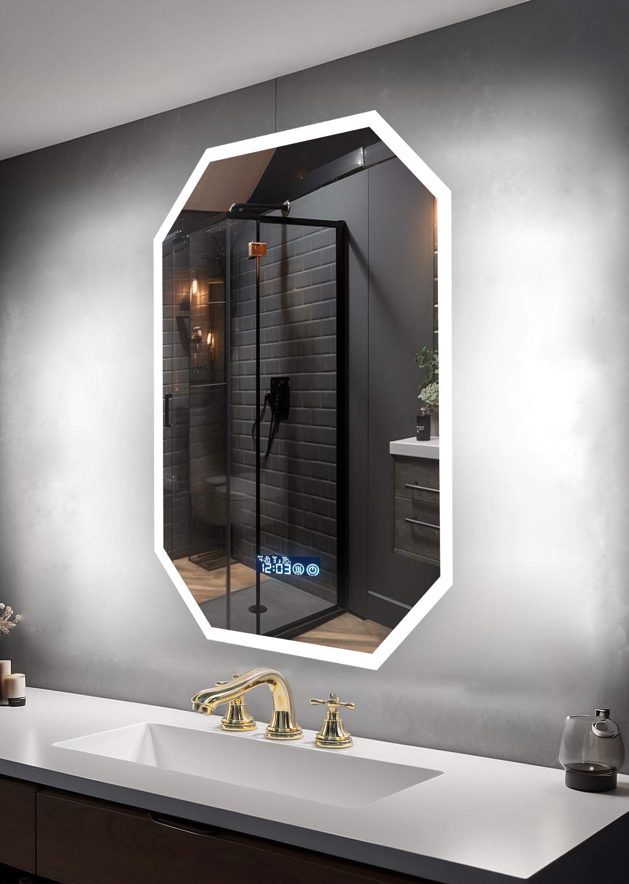 Дзеркало для ванної кімнати настінне KAYFOVO з LED підсвічуванням/сенсорною смарт-панеллю/підігрівом/інформаційним дисплеєм 90х70 см (334170)