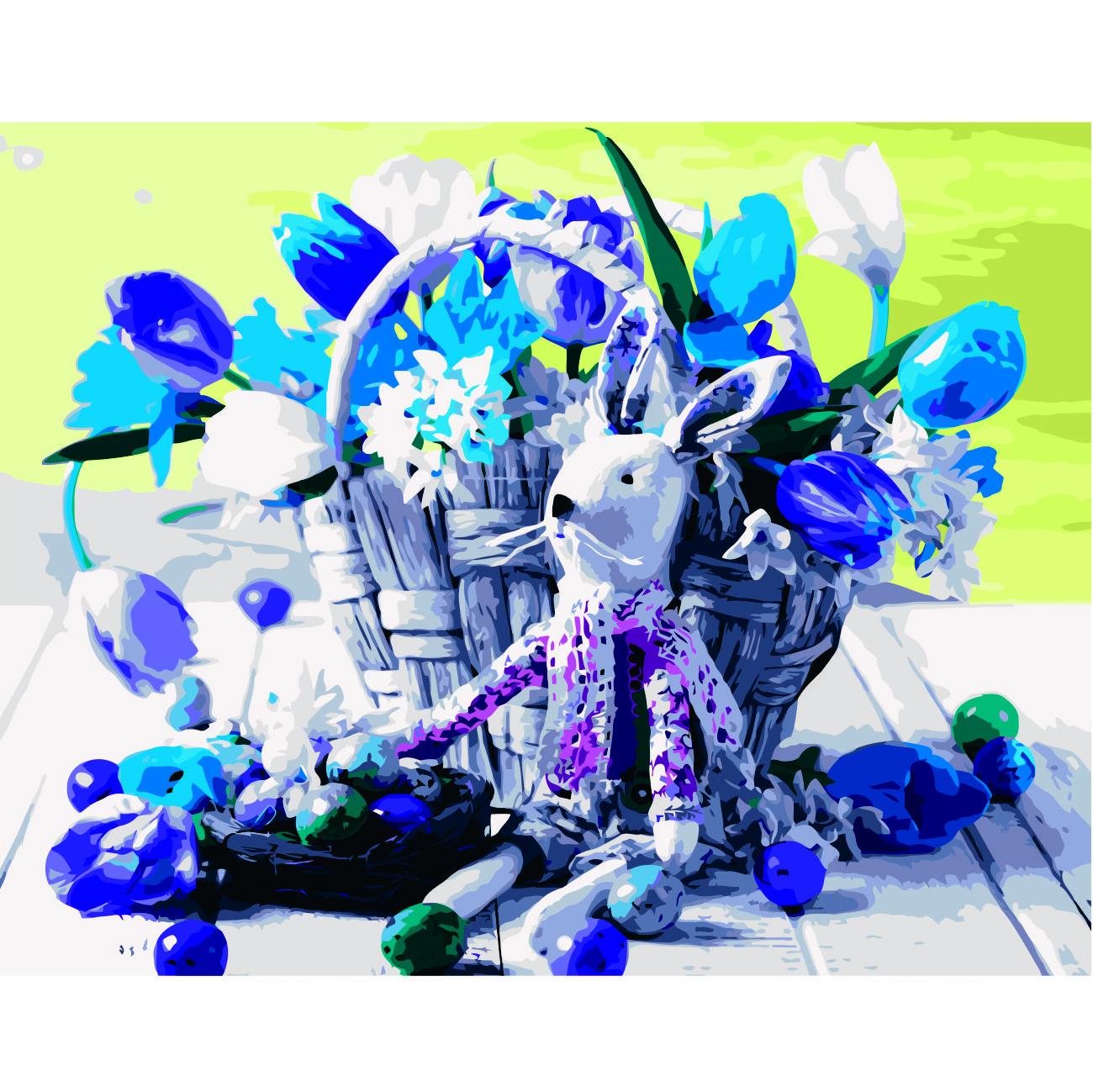 Картина по номерам Strateg Игрушка зайченка возле корзины цветов 40x50 см (VA-2738)