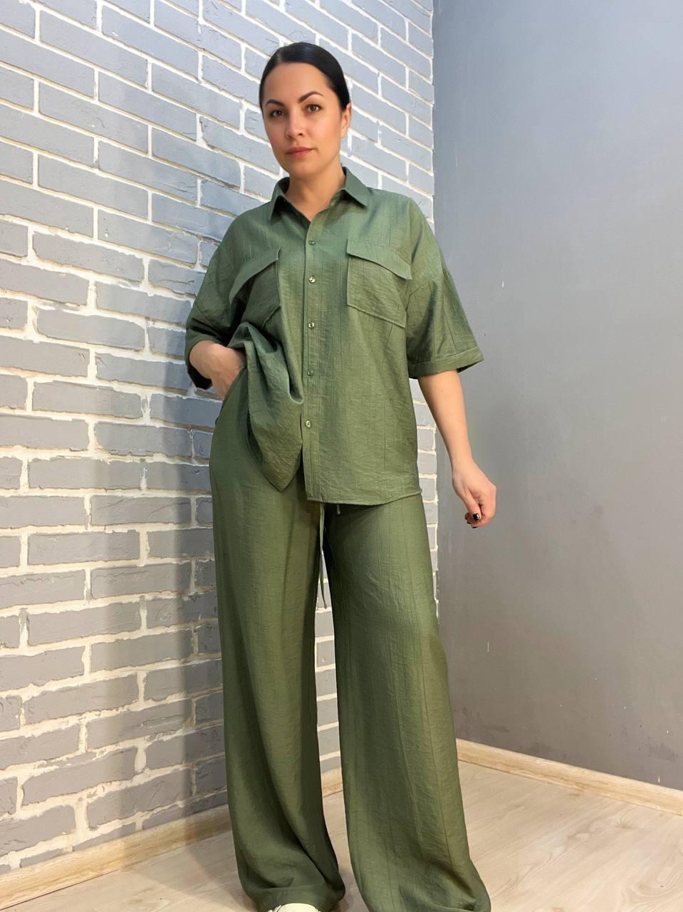 Костюм женский MIX RAY 4218 ткань жатка рубашка и брюки S Хаки (1776)