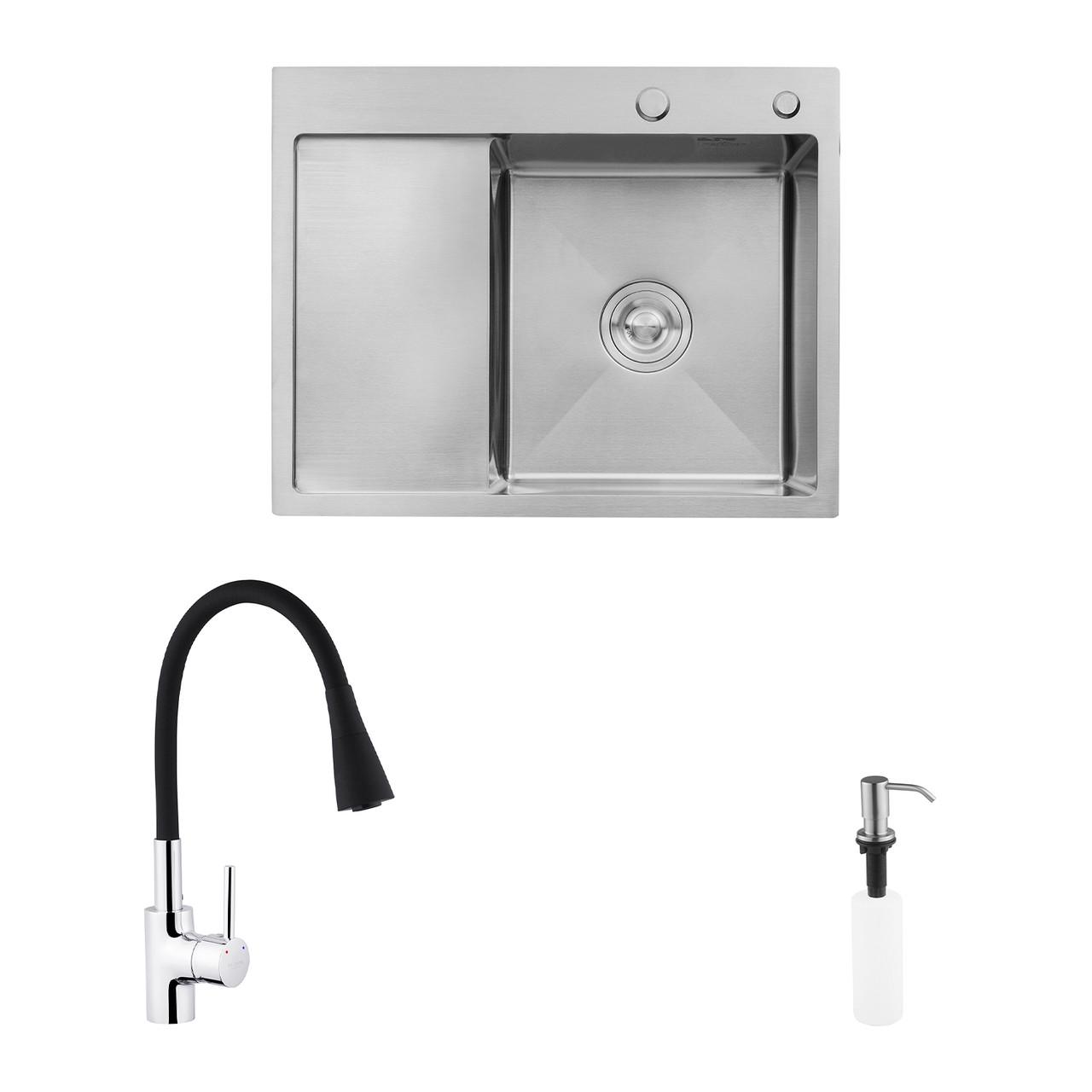 Комплект кухонна мийка Kroner Gebürstet-6350RHM/змішувач Küche-C031BLK/дозатор Spender-ECG049 (2669564691)