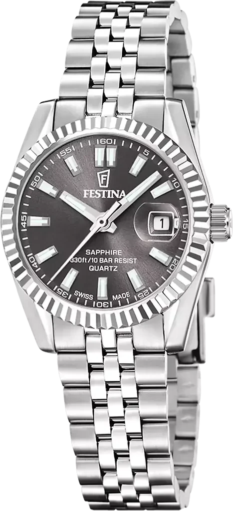 Наручные часы женские Festina Classic Steel Swiss Made F20087/6 с водозащитой 100 м и черным циферблатом