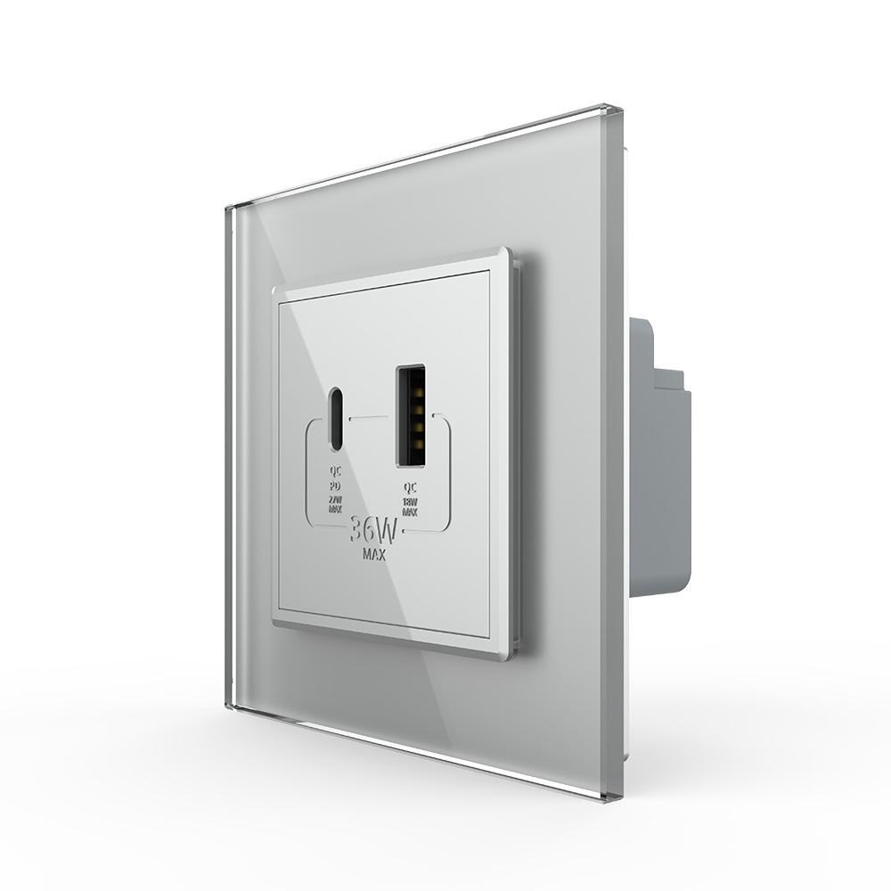 Розетка USB-A и USB-C 36 W стеклянный Серый (VL-C7FCUA18W.UC18W-2IP)