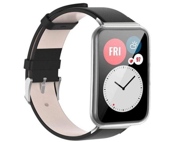 Ремешок элегантный кожаный для Huawei Watch Fit 2 с классической защелкой Черный