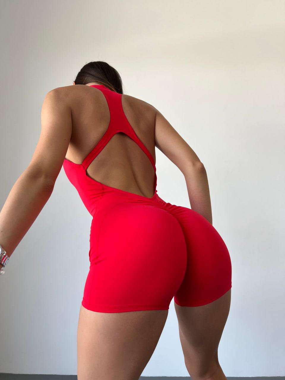 Комбинезон спортивный короткий с чашками и пуш-ап M Красный (WSH07M) - фото 6