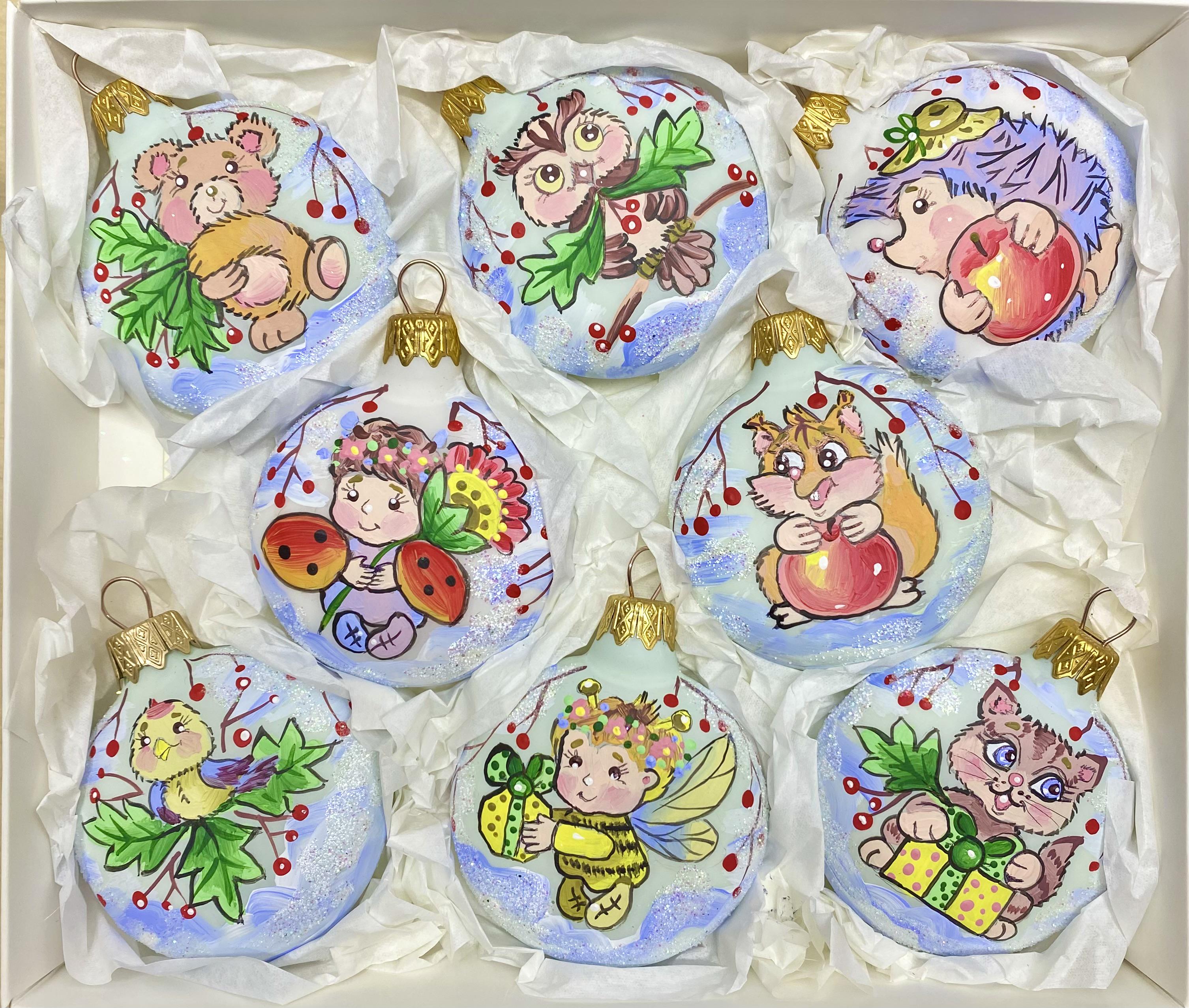 Набор украшений на елку из стекла Медальони с рисунками 8 шт.