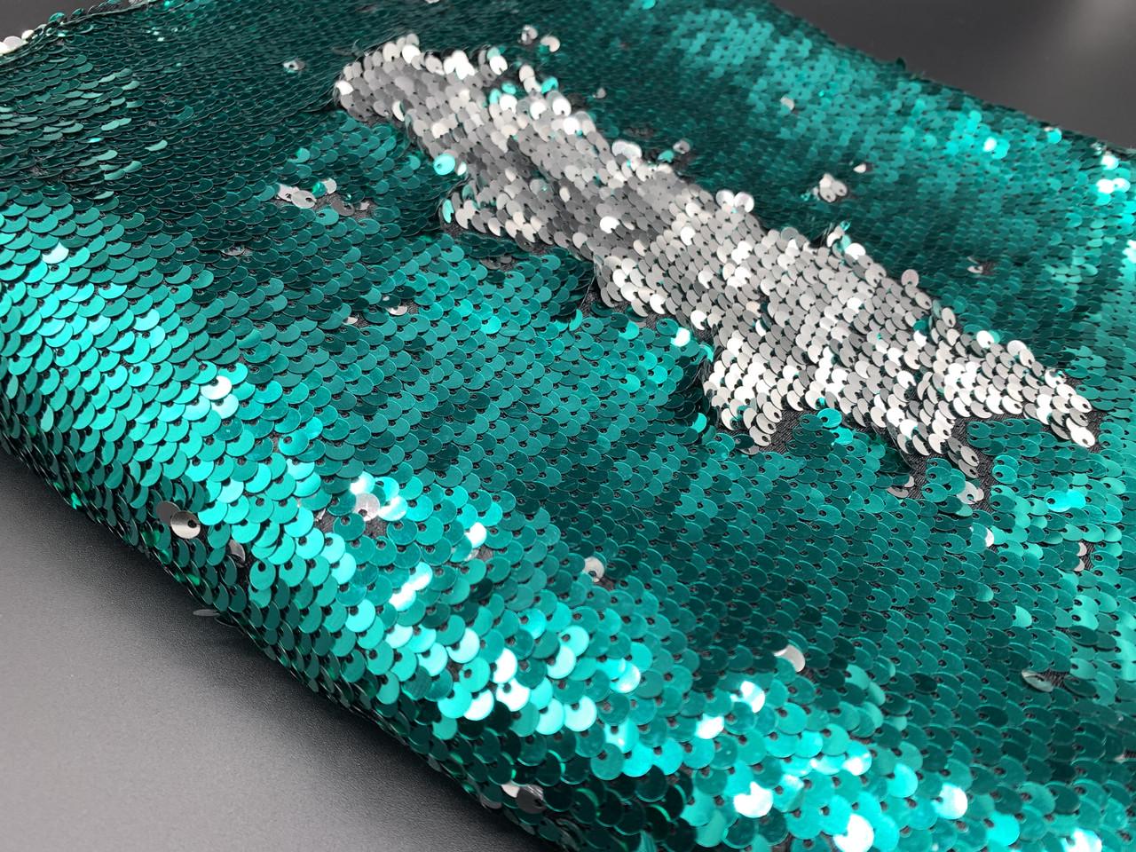 Ткань Пайетка перевертыш двухсторонняя 1 м Зелено-серебристый (885778520) - фото 5