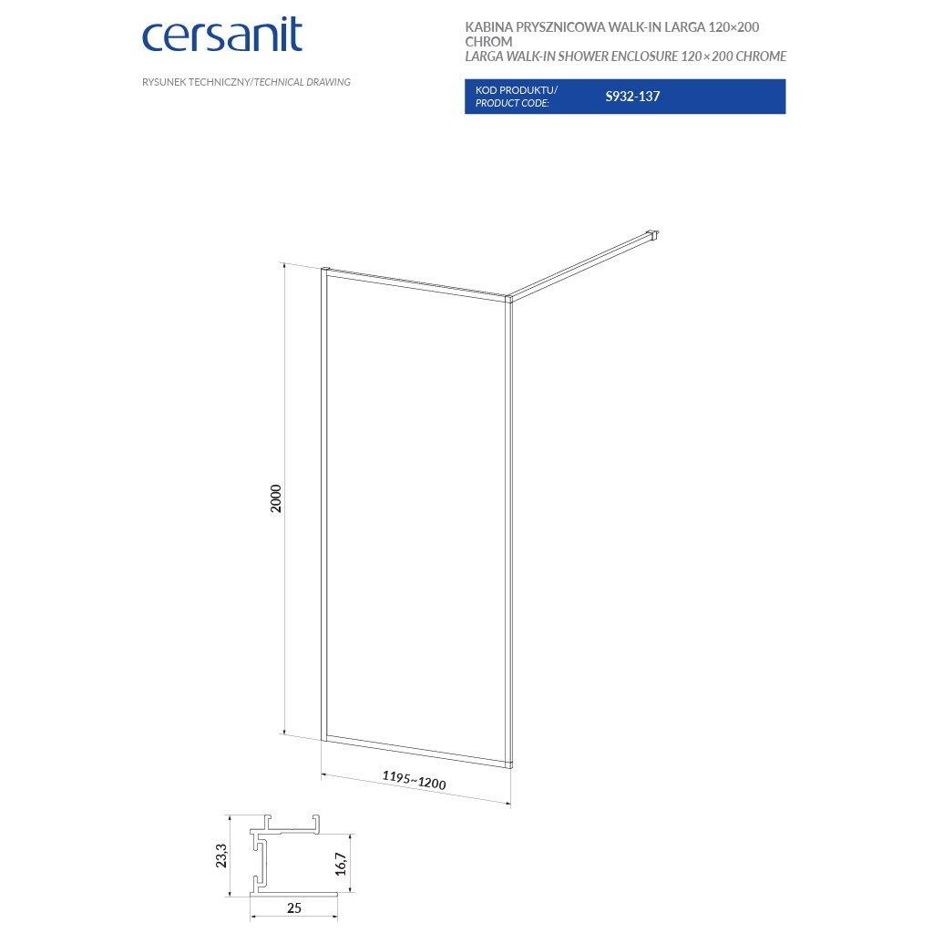 Душова стінка з тримачем Cersanit Larga Walk-in S932-137 120x200 см профиль Хром (250832) - фото 4 Душова стінка з тримачем Cersanit Larga Walk-in S932-137 120x200 см профиль Хром (250832) - фото 4