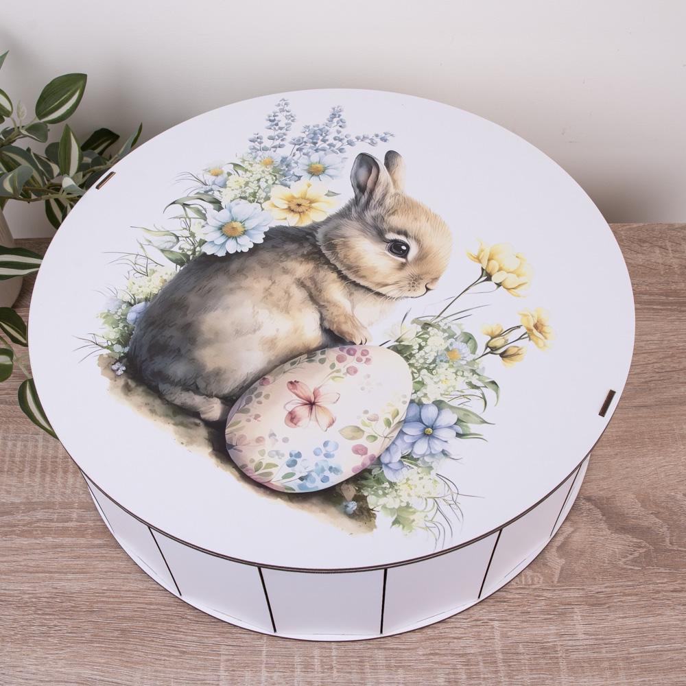 Коробка кругла 27 см дерев'яний кролик з писанкою та квітами (5587-22)