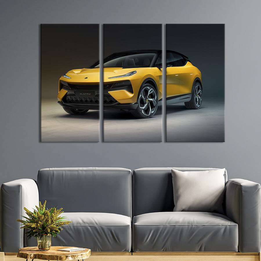 Картина на холсте триптих Яркий жёлтый внедорожник Lotus Eletre 78x48 см (1413-31)