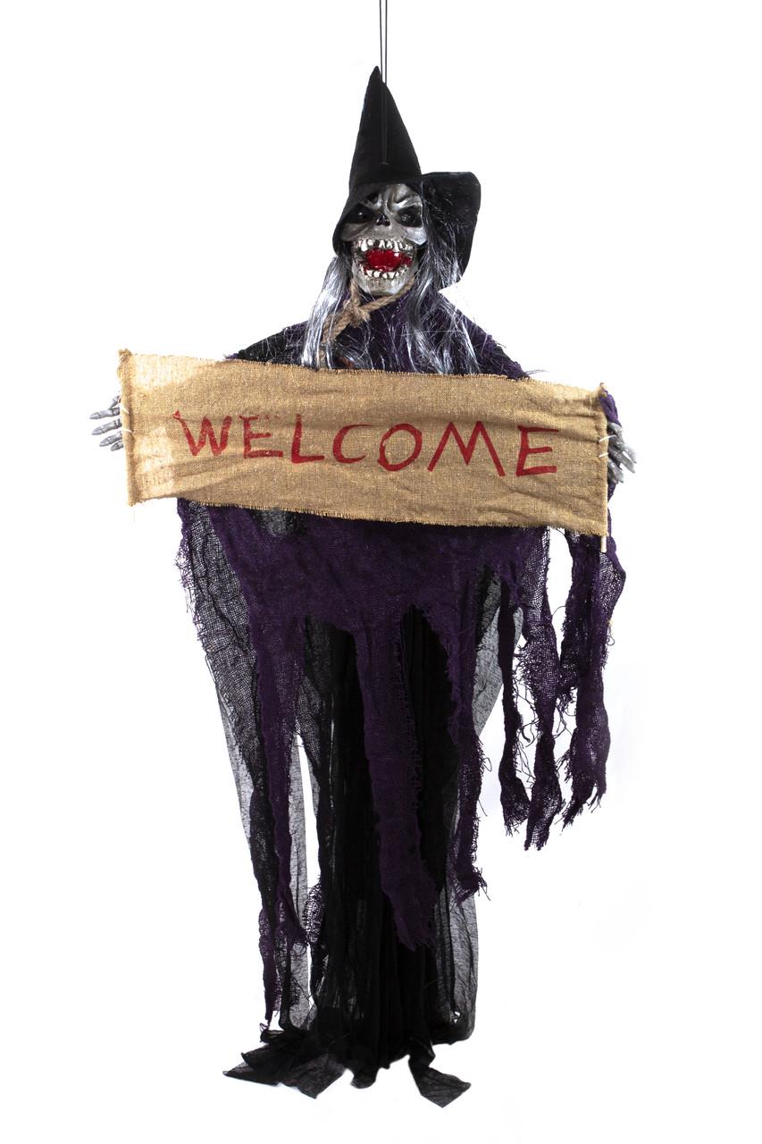 Декор на Хэллоуин Welcome в фиолетовом балахоне со звуком и светом 42х113 см