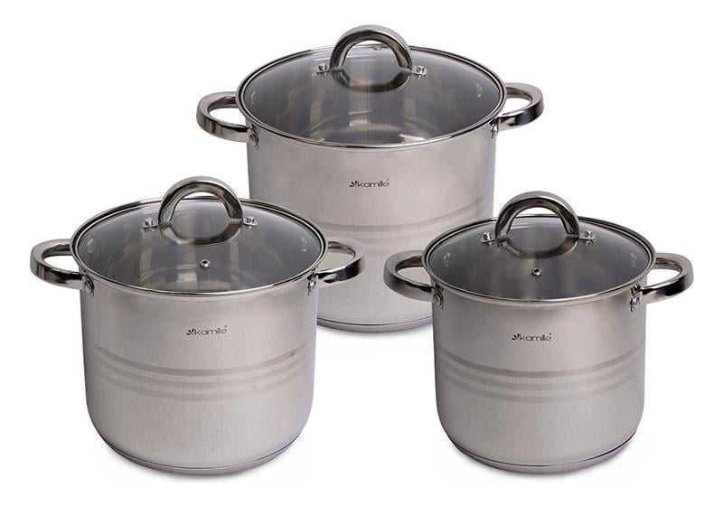 Набор больших кастрюль Kamille 3 кастрюли 5/6,5/8 л со стеклянными крышками (KM-5805)